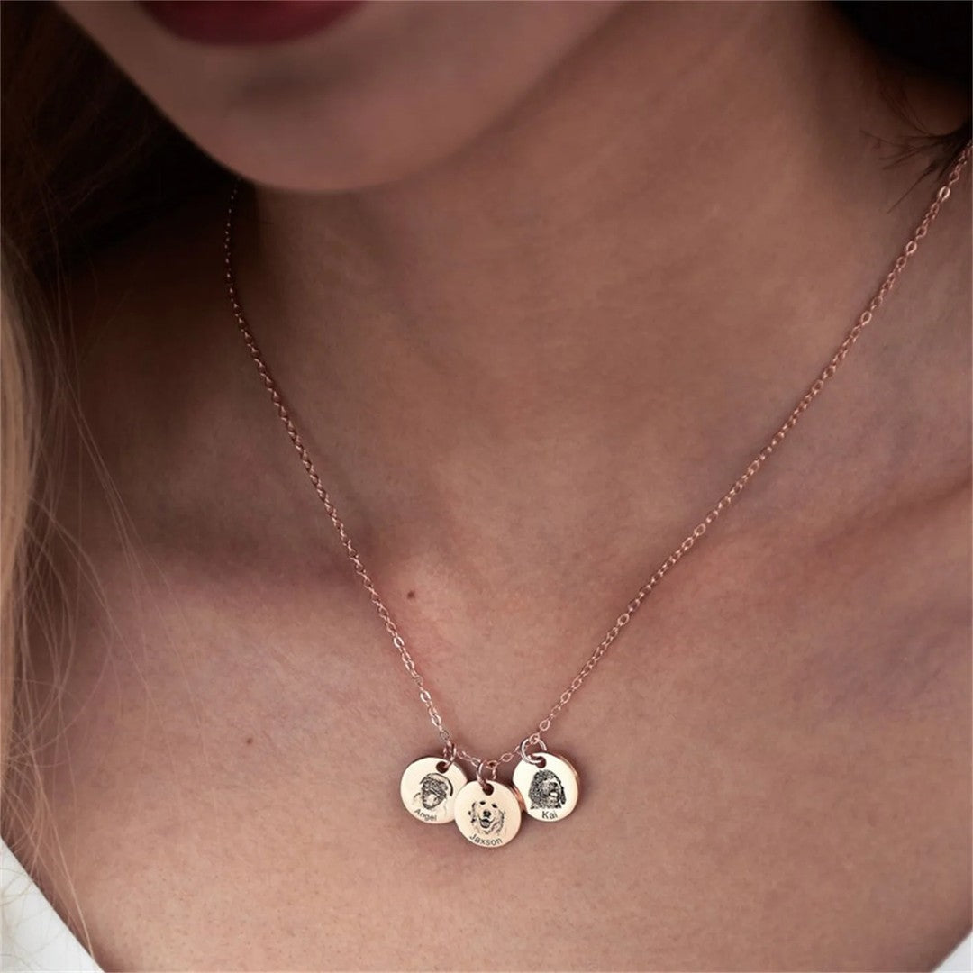 Pet portrait necklace being worn
