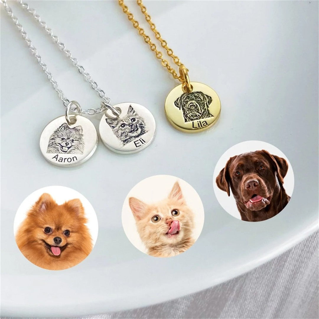 Three tags with an engraved dog and cat portrait