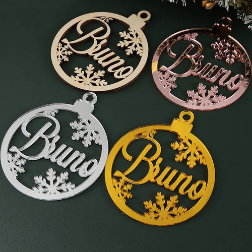 Bolas de Navidad con el nombre en madera, plateado, rosa y dorado espejo