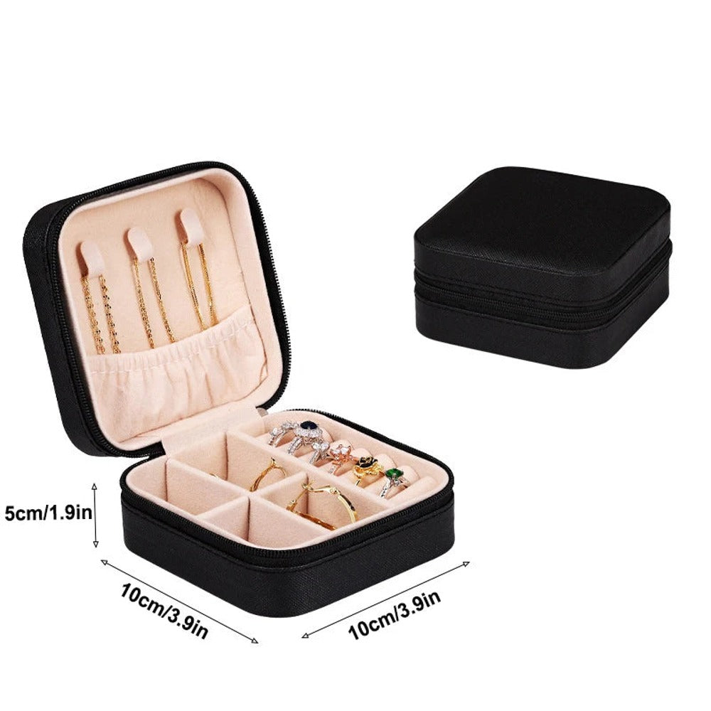 Caja de joyas negra, abierta y cerrada: 10 × 10 × 5 cm
