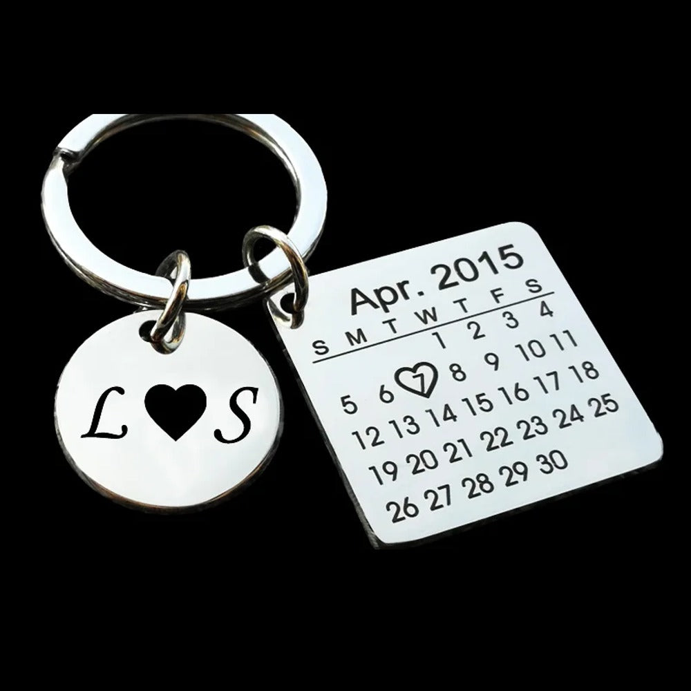 Calendar keychain with initials and a heart