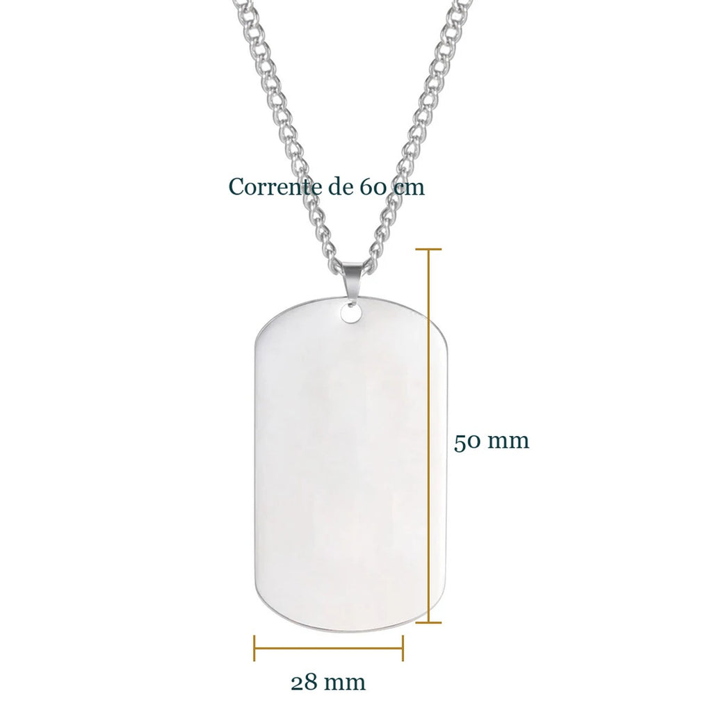 Medidas: chapa de 50 × 28 mm e corrente de 60 cm
