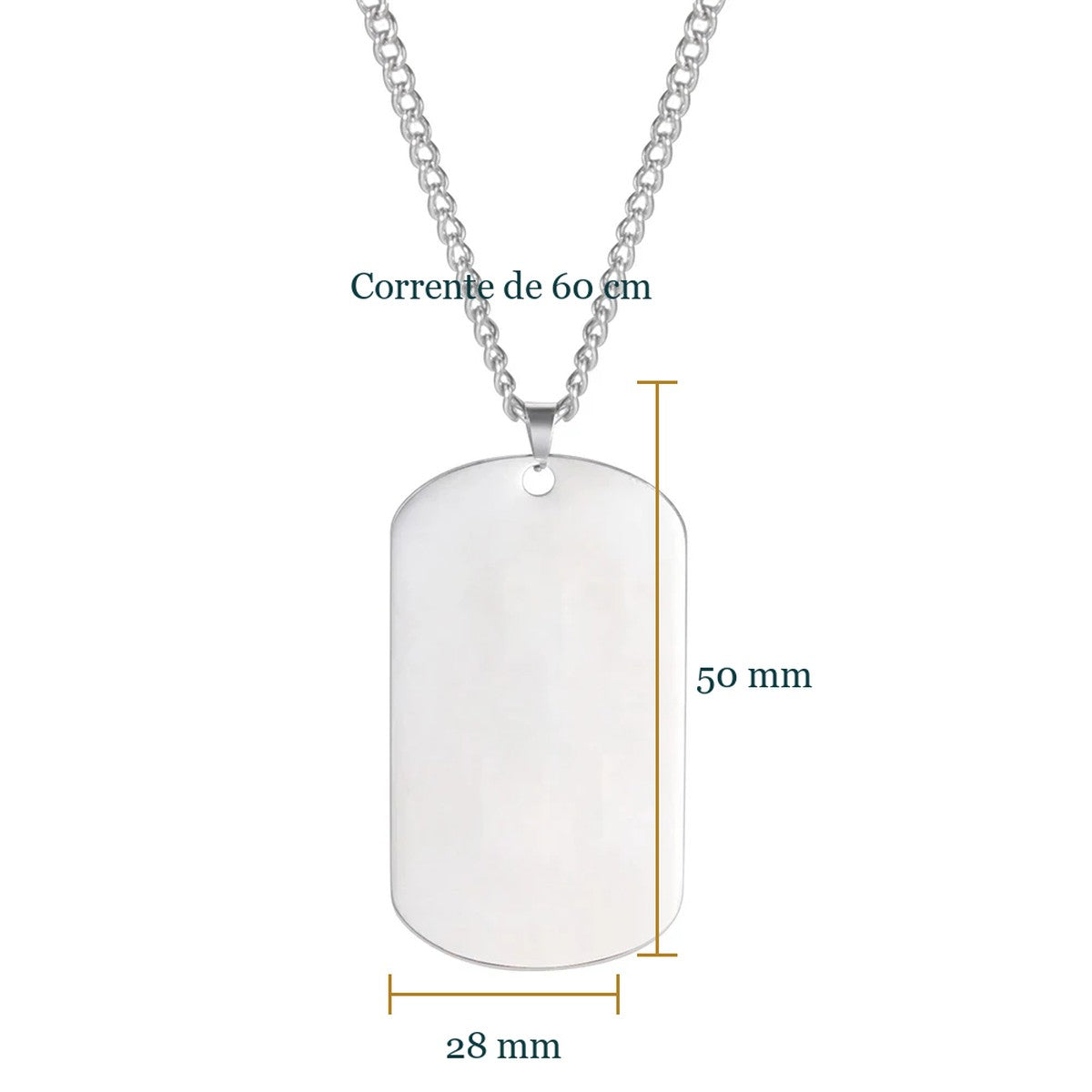 Medidas: chapa de 50 × 28 mm e corrente de 60 cm