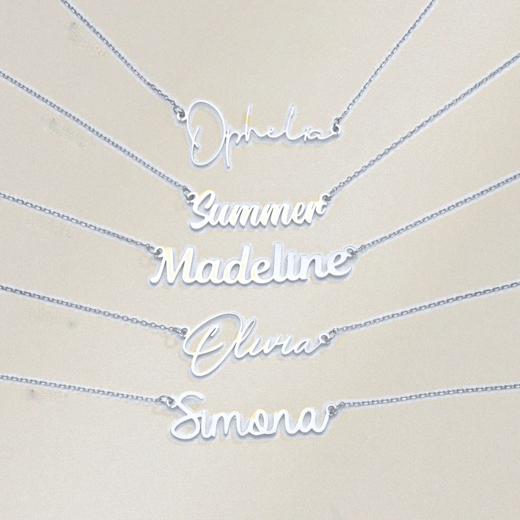 Silver name necklaces (colour adjusted in the photo)