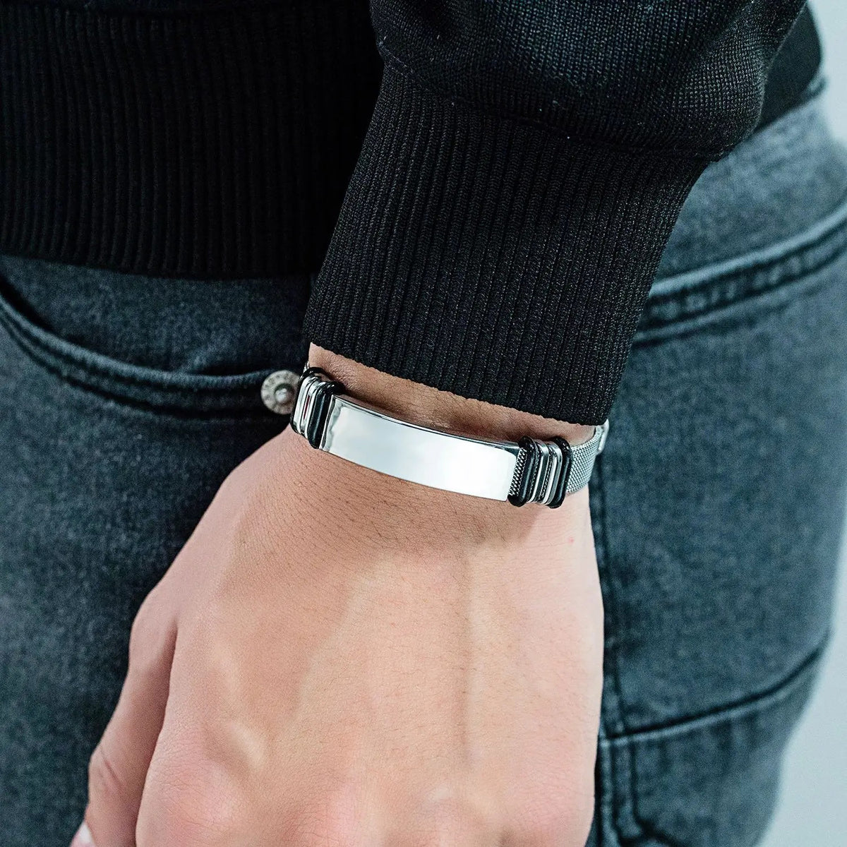 Silver mesh bracelet on the wrist