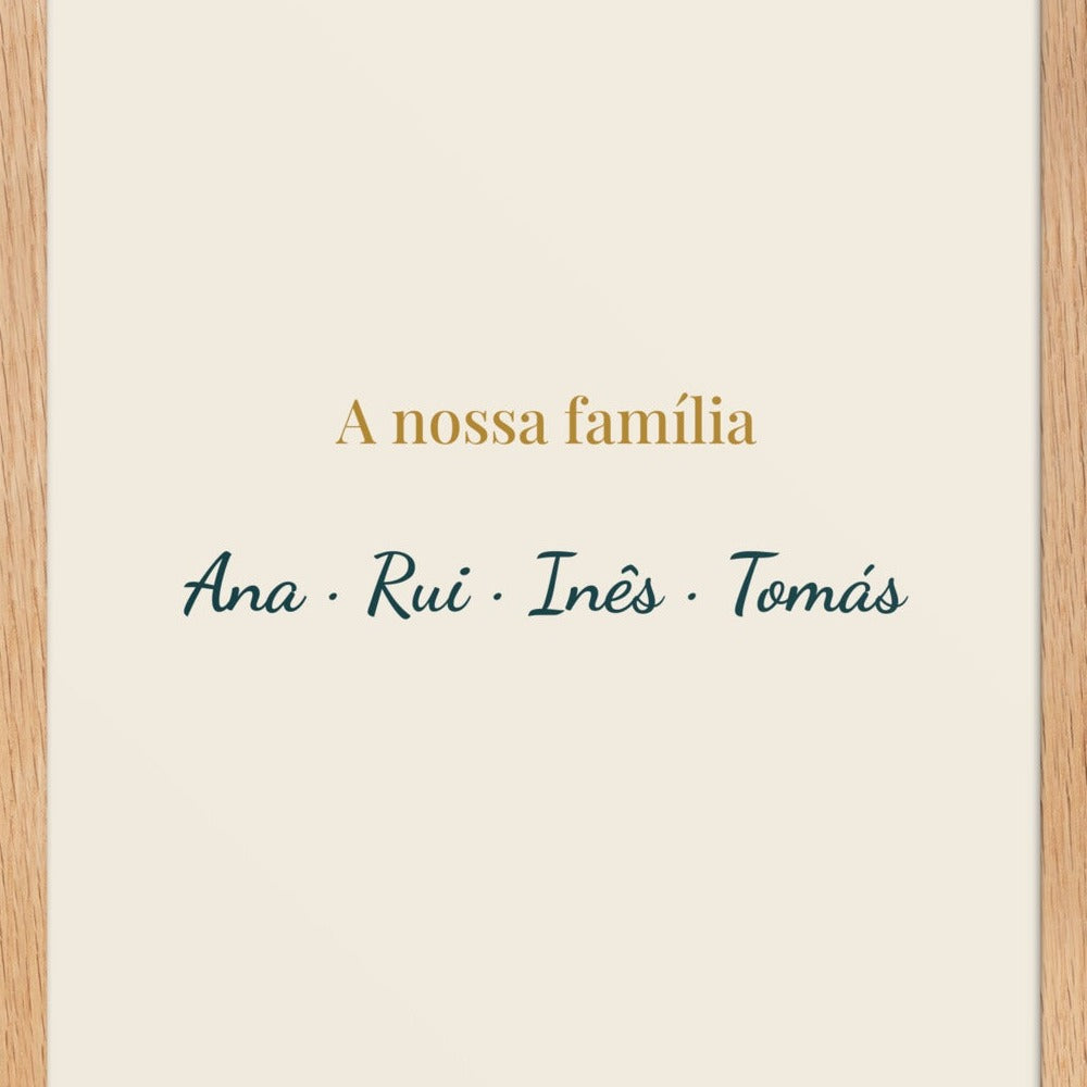 Close-up of the print: A nossa família and the names