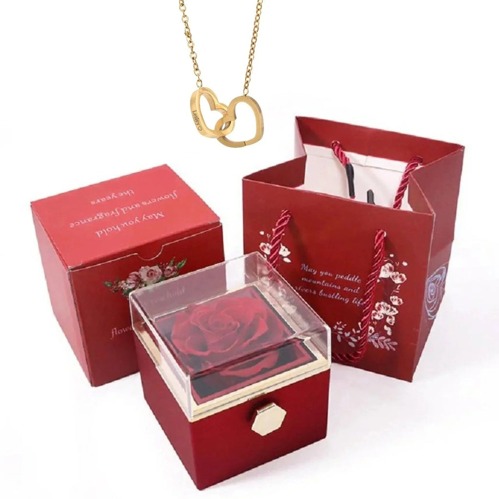 Gold double heart necklace with the rotating box and rose