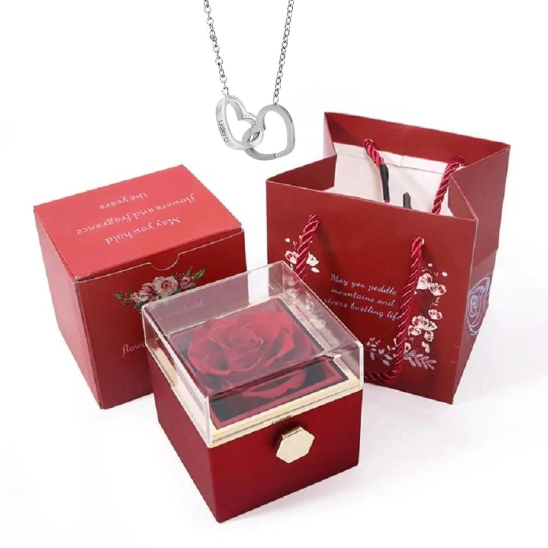 Silver double heart necklace with the box and rose