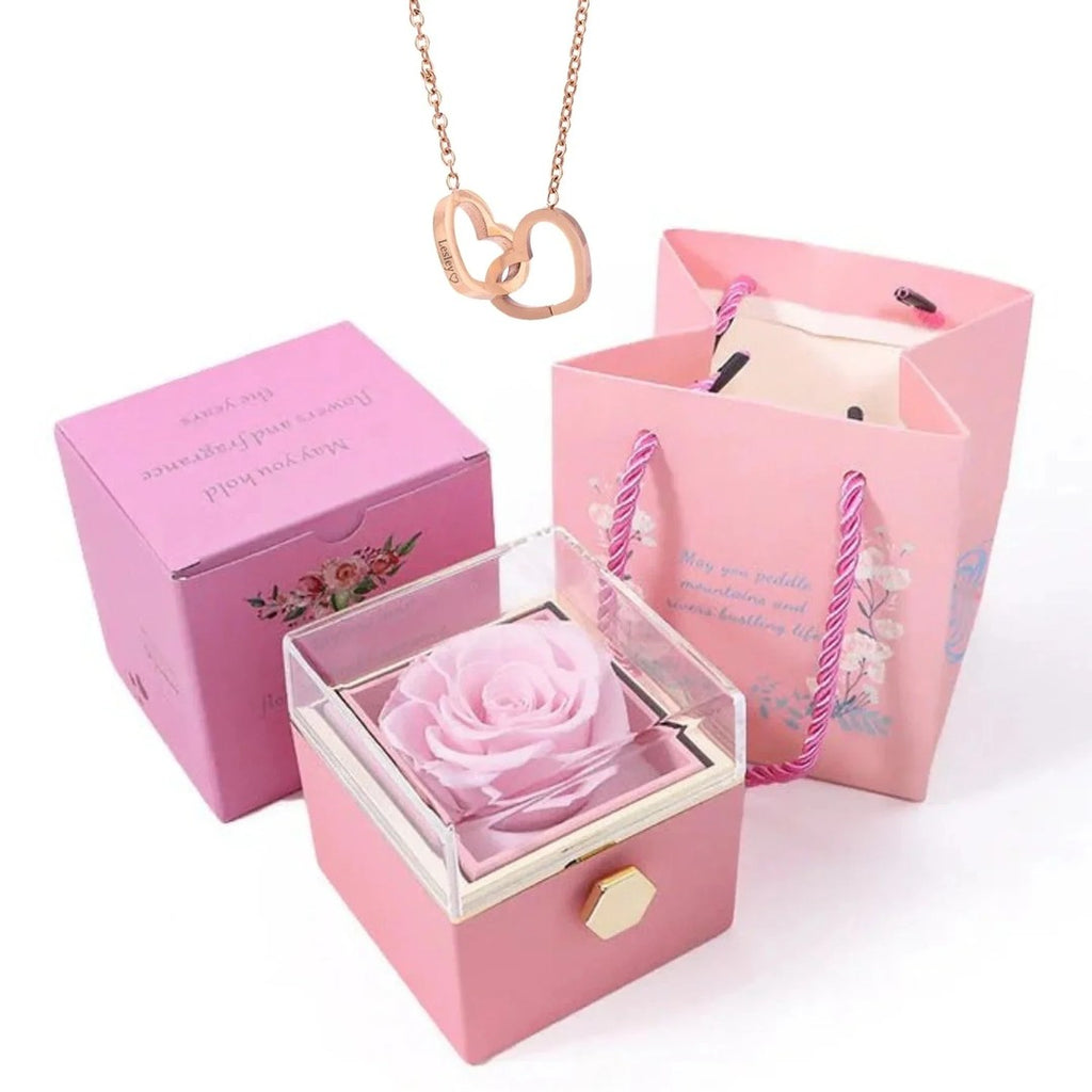 Rose gold double heart necklace with the pink box